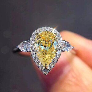 😍925 Silver Yellow Water Drop Romantic Crystal Diamond Ring for Women, K778